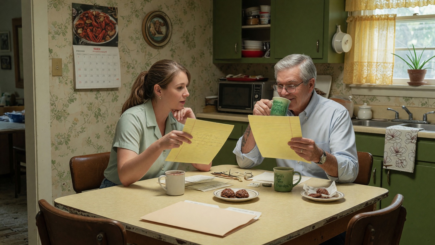 An adult daughter and her silver-haired father at a kitchen table, comparing notes over coffee.