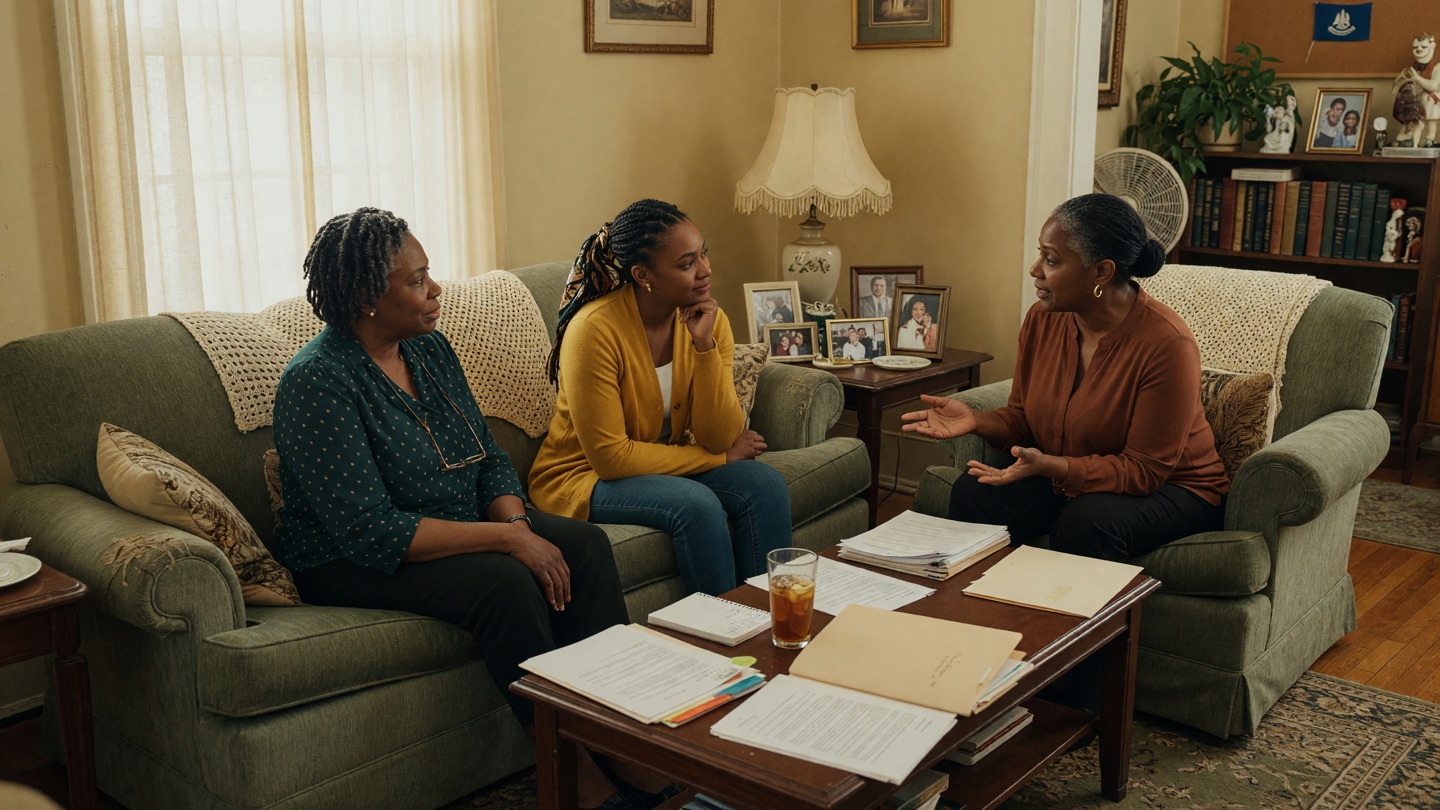 A mother and her adult daughter sitting with a warm senior-care advisor in a comfortable living room, papers on a coffee table.