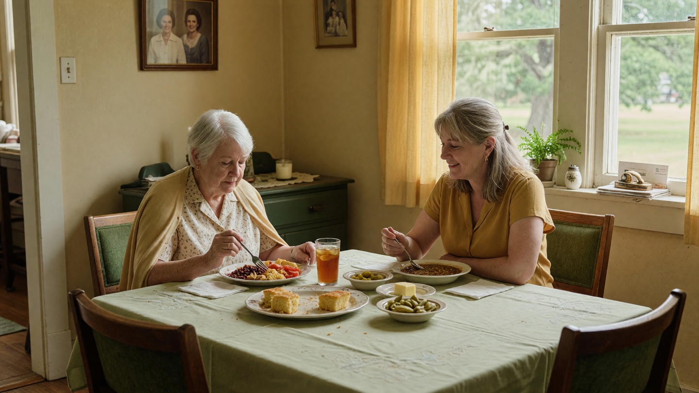 An older woman and her adult daughter sharing an unhurried meal at a dining table by a window.