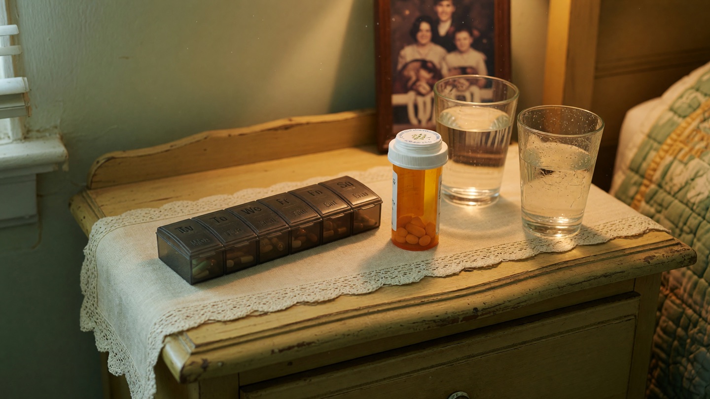 A bedside nightstand: a weekly pill organizer, a single amber prescription bottle, and a glass of water in soft lamplight.