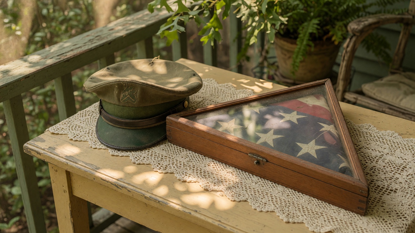 A neatly folded American flag in a triangular wooden case beside a worn service cap on a side table, dappled porch light.