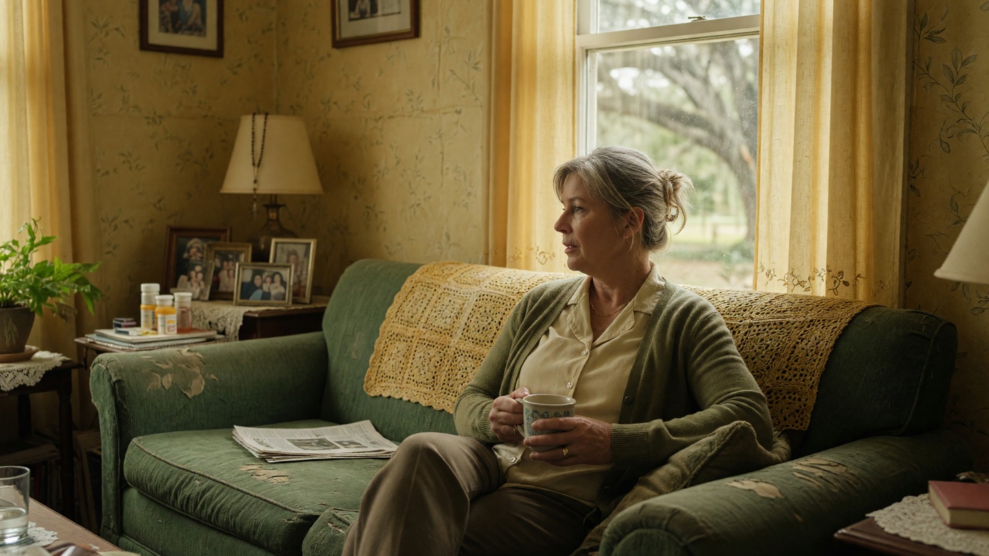 A middle-aged woman caregiver sitting alone on a worn sofa by a window in soft morning light, a warm mug in both hands.
