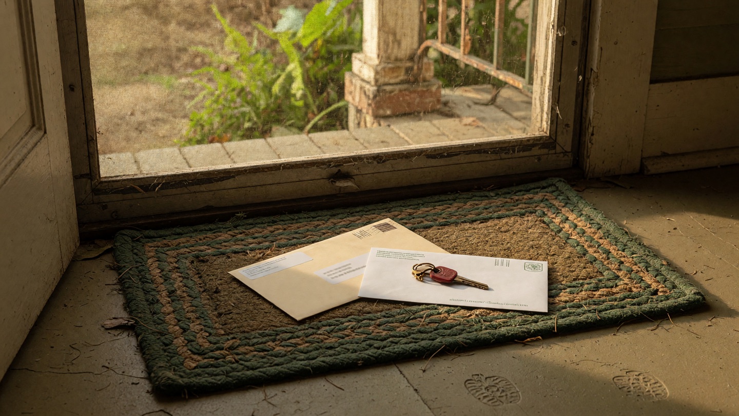 A front-door doormat with a couple of official-looking envelopes and a house key, morning light through a screen door.