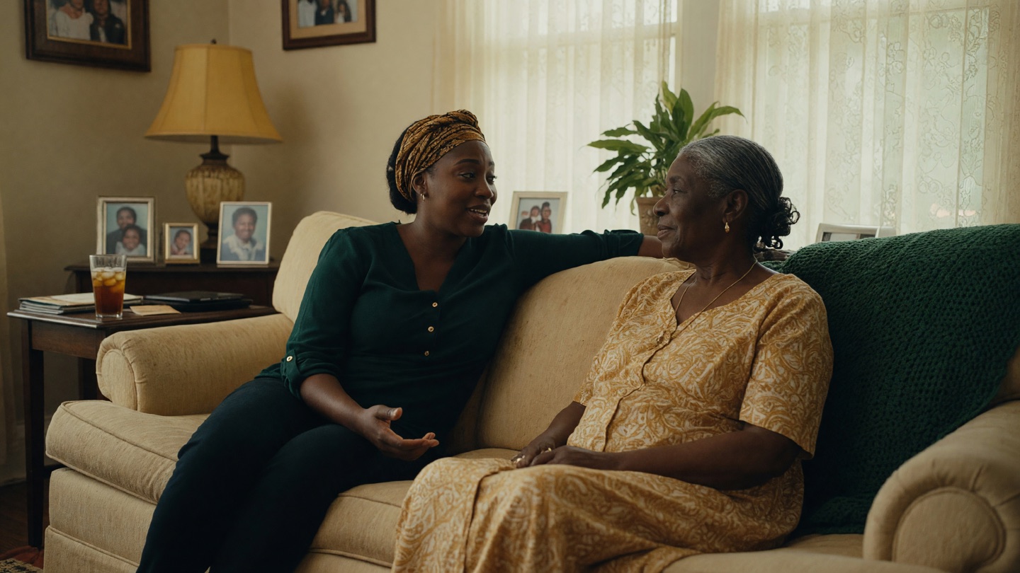 An adult daughter and her older mother sitting close on a parchment-colored sofa, talking gently.