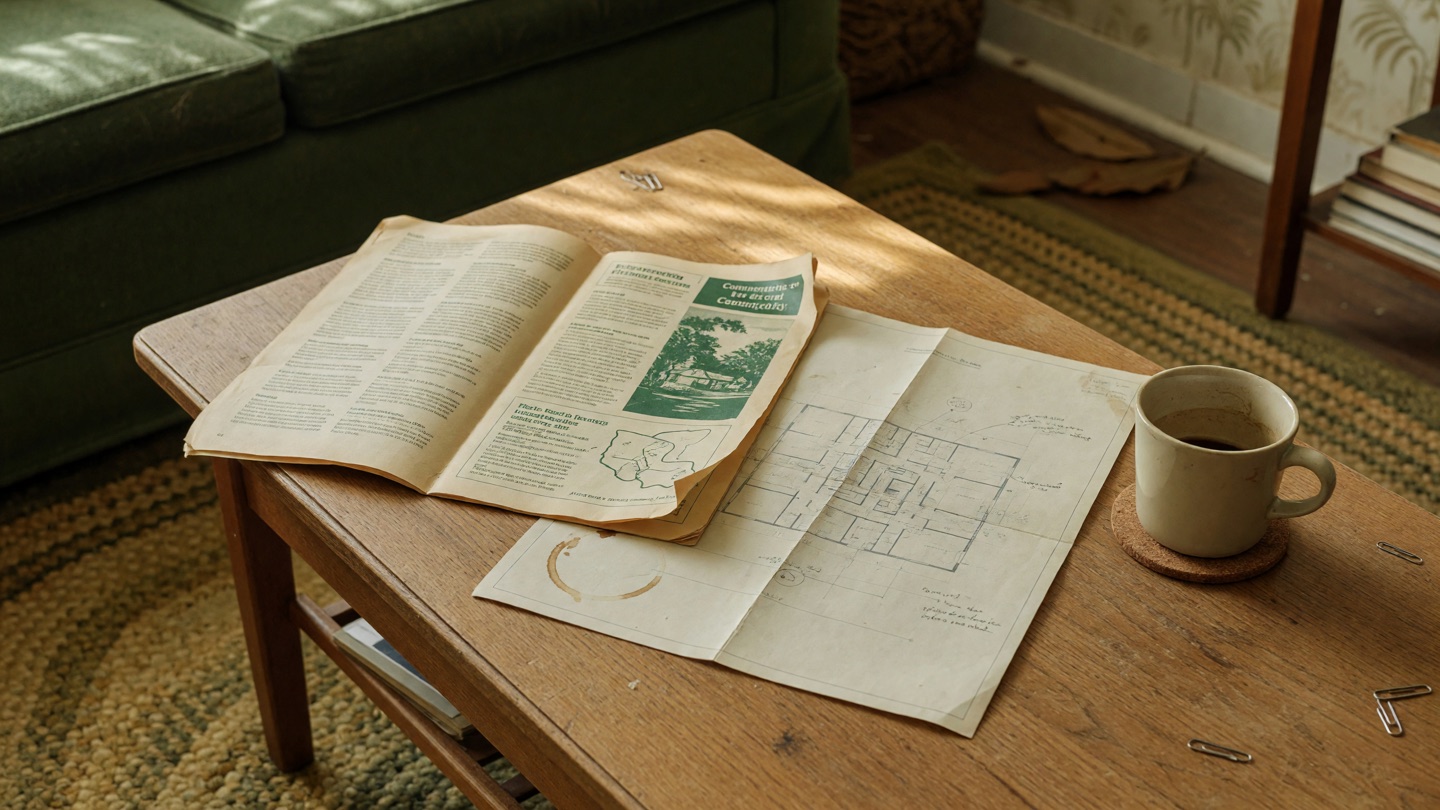 A choosing-a-community still life: an open community brochure and a floor-plan sheet on a low coffee table with a single coffee cup.