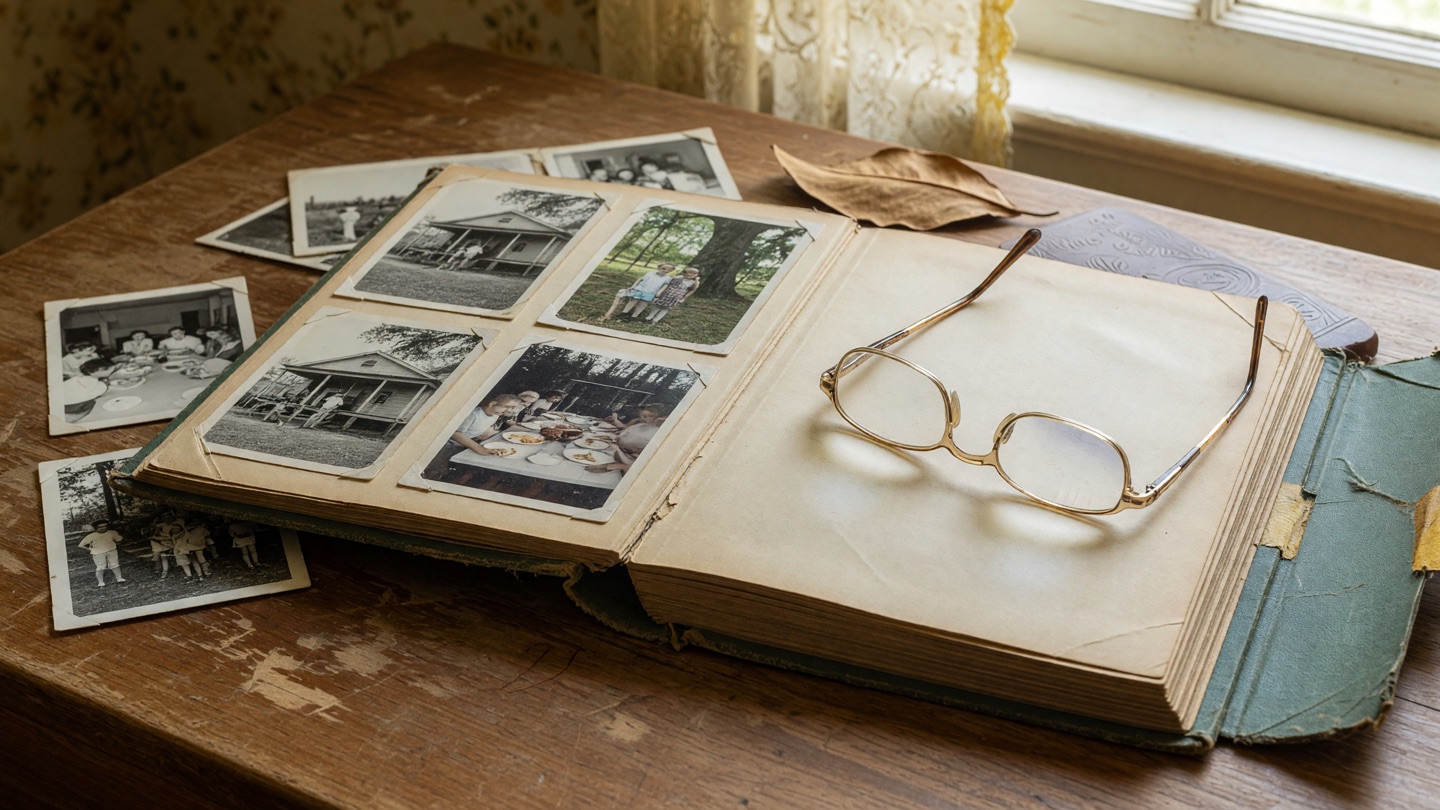 An open family photo album and a pair of reading glasses resting on it in soft window light.