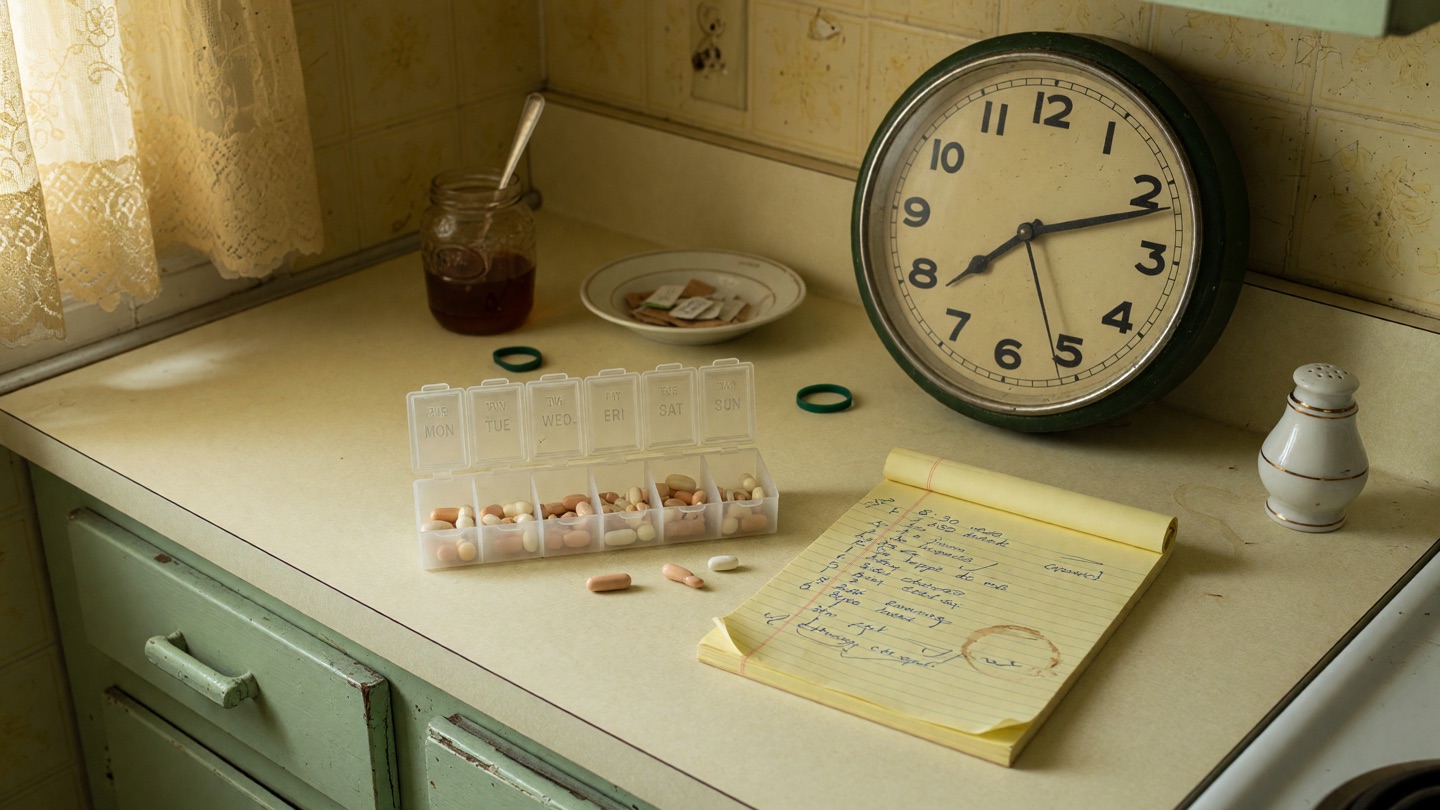 A kitchen counter still life about hours and time: a weekly pill organizer, a wall clock, and a small handwritten schedule on a notepad.