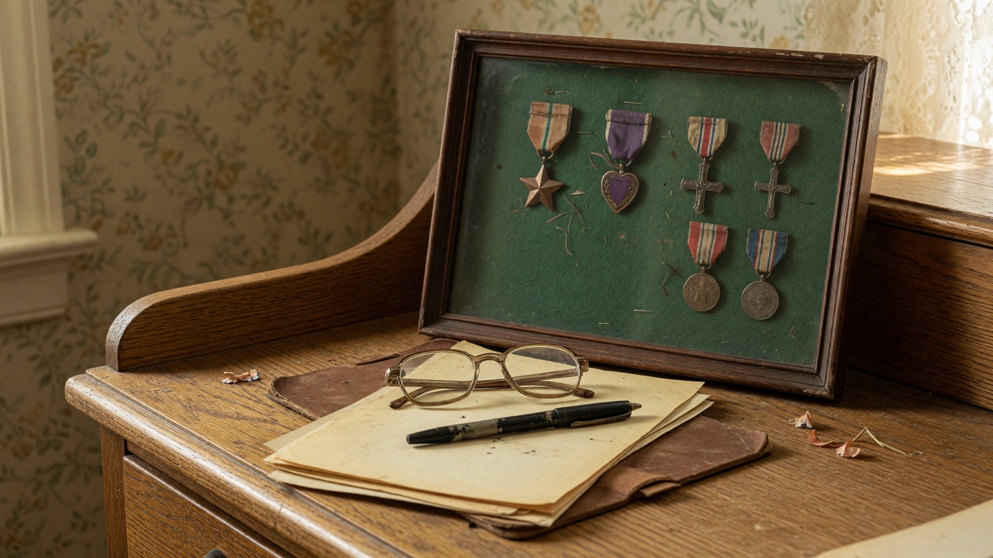 A shadow box of service medals and a pair of reading glasses and a pen on a wooden desk, respectful and quiet.