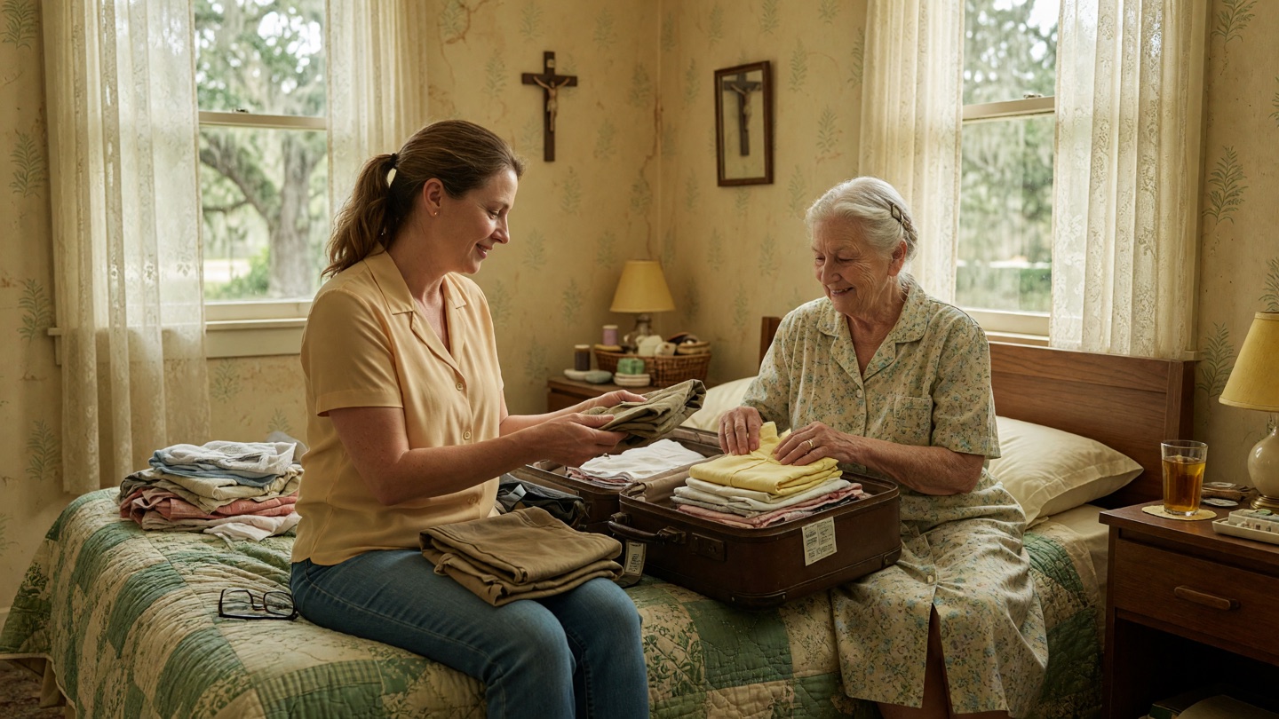 An adult daughter and her elderly mother folding clothes into a suitcase on a bed together.