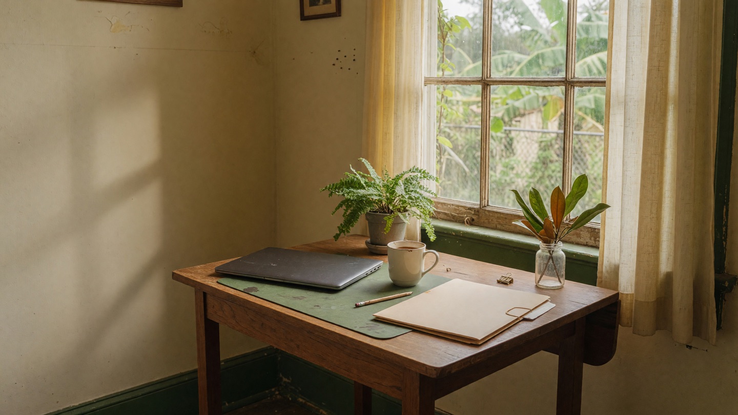 A small home-office desk by a window with a closed laptop, a coffee, and a single plain folder, calm and organized.