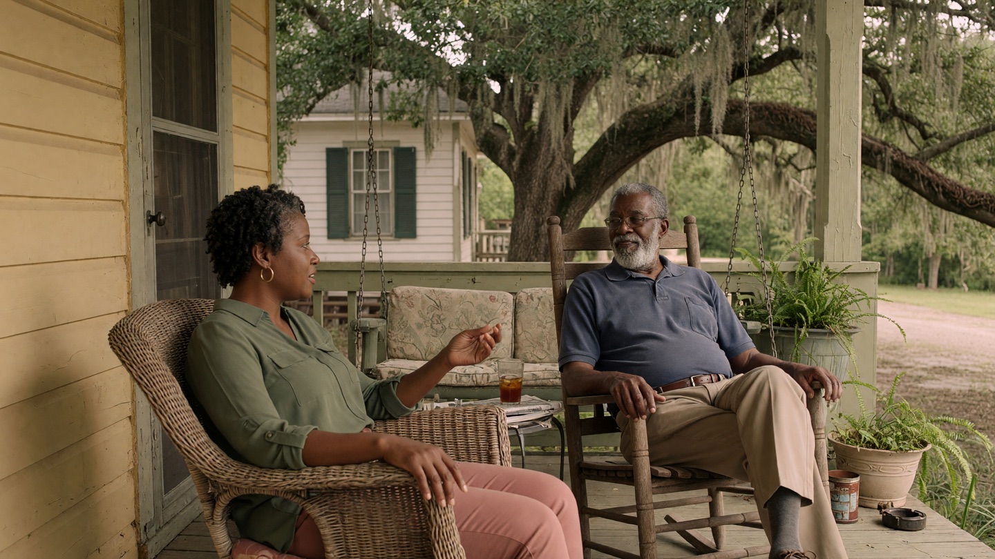 An adult daughter and her older father on a shaded front porch under live oaks, mid-conversation.