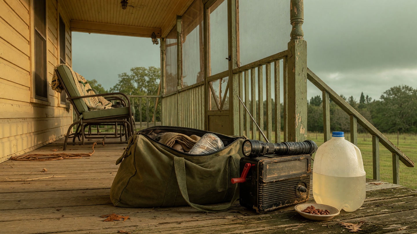 A Louisiana porch before a storm: a packed canvas go-bag, a hand-crank radio, a flashlight, and a jug of water, gray-green sky beyond.