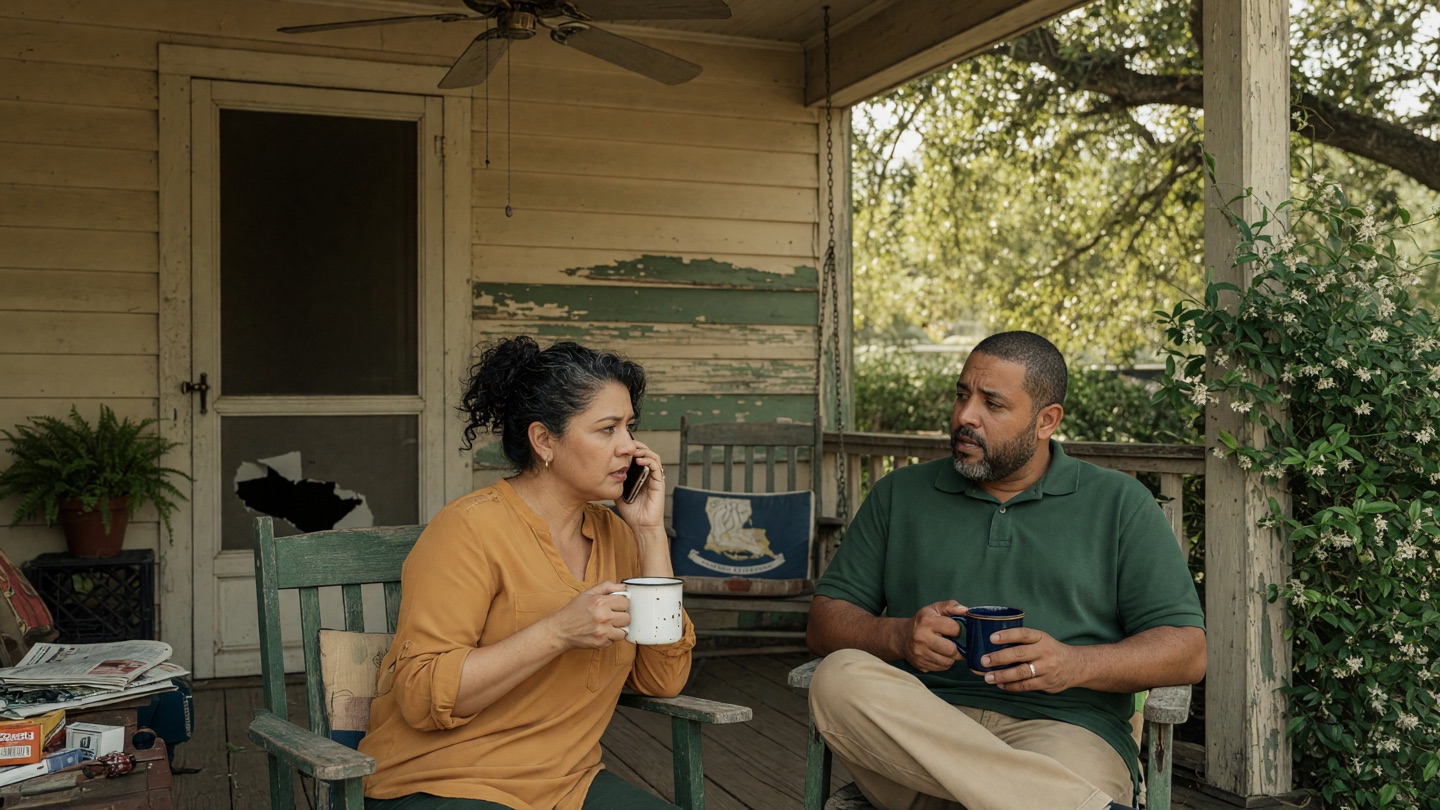 Two adult siblings on a shaded front porch, coffee in hand, talking through a hard call.