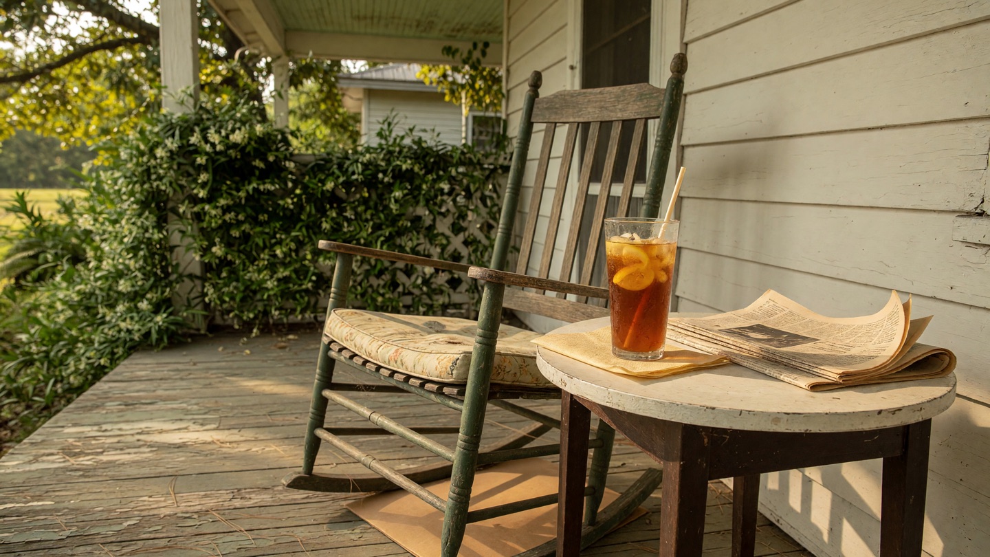 A Louisiana front porch still life: a rocking chair, a folded newspaper, and a glass of iced tea on a small side table.
