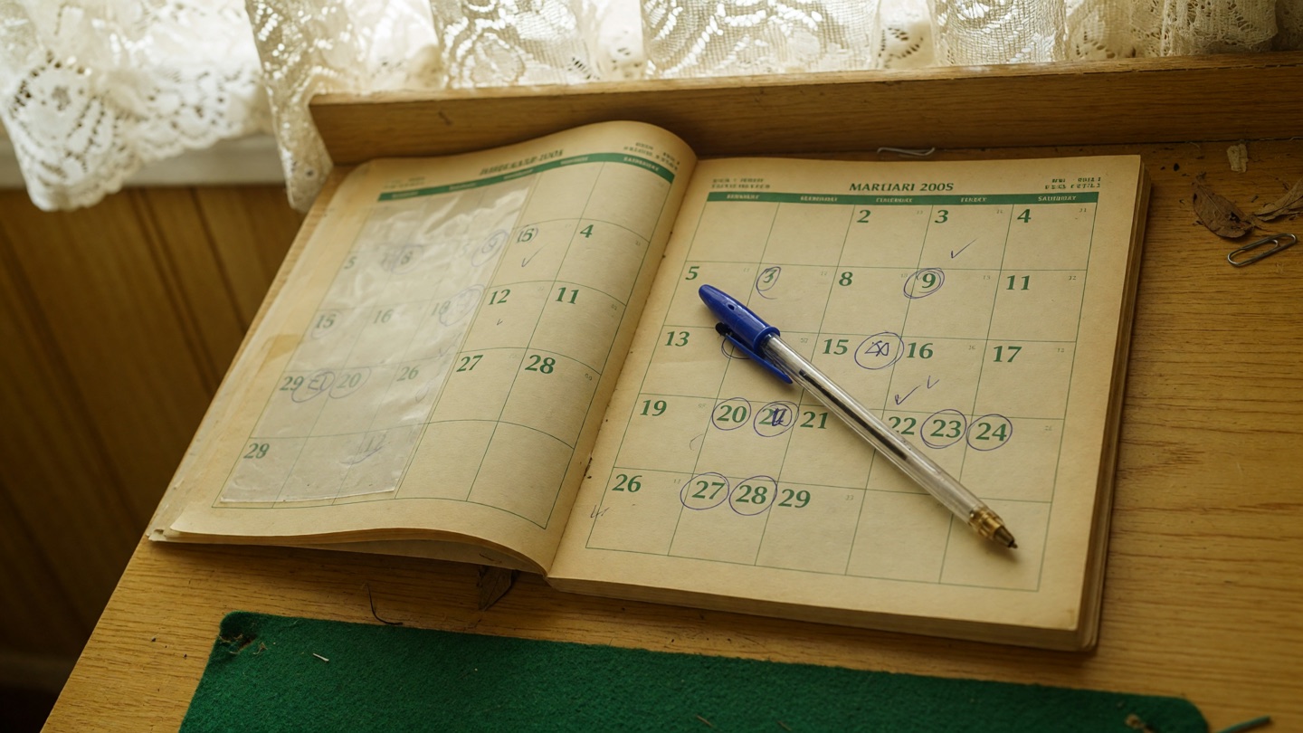A wall or desk calendar with several dates circled in pen, a pen resting on it.