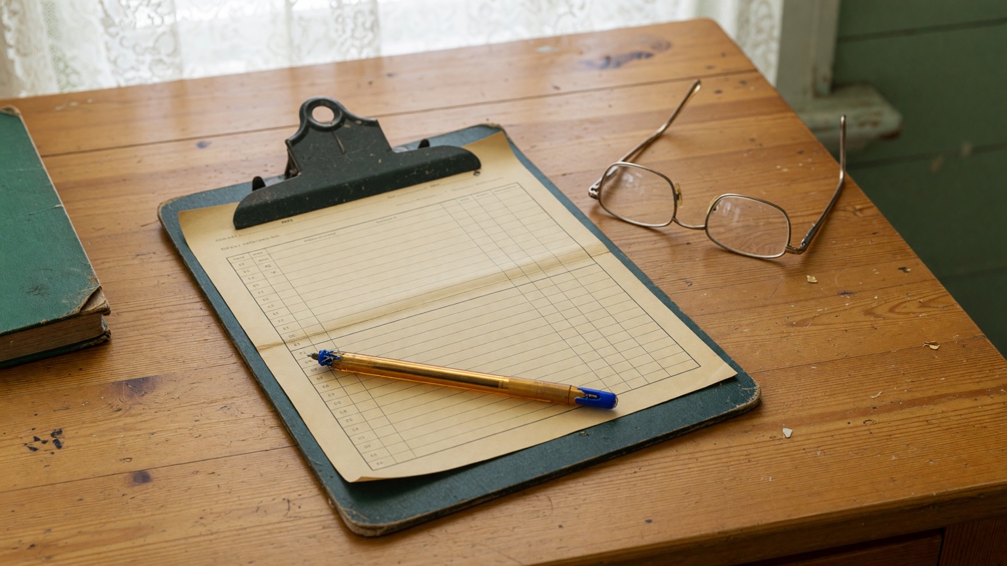 A clipboard with a blank application form and a pen on a warm wooden desk, reading glasses beside it.