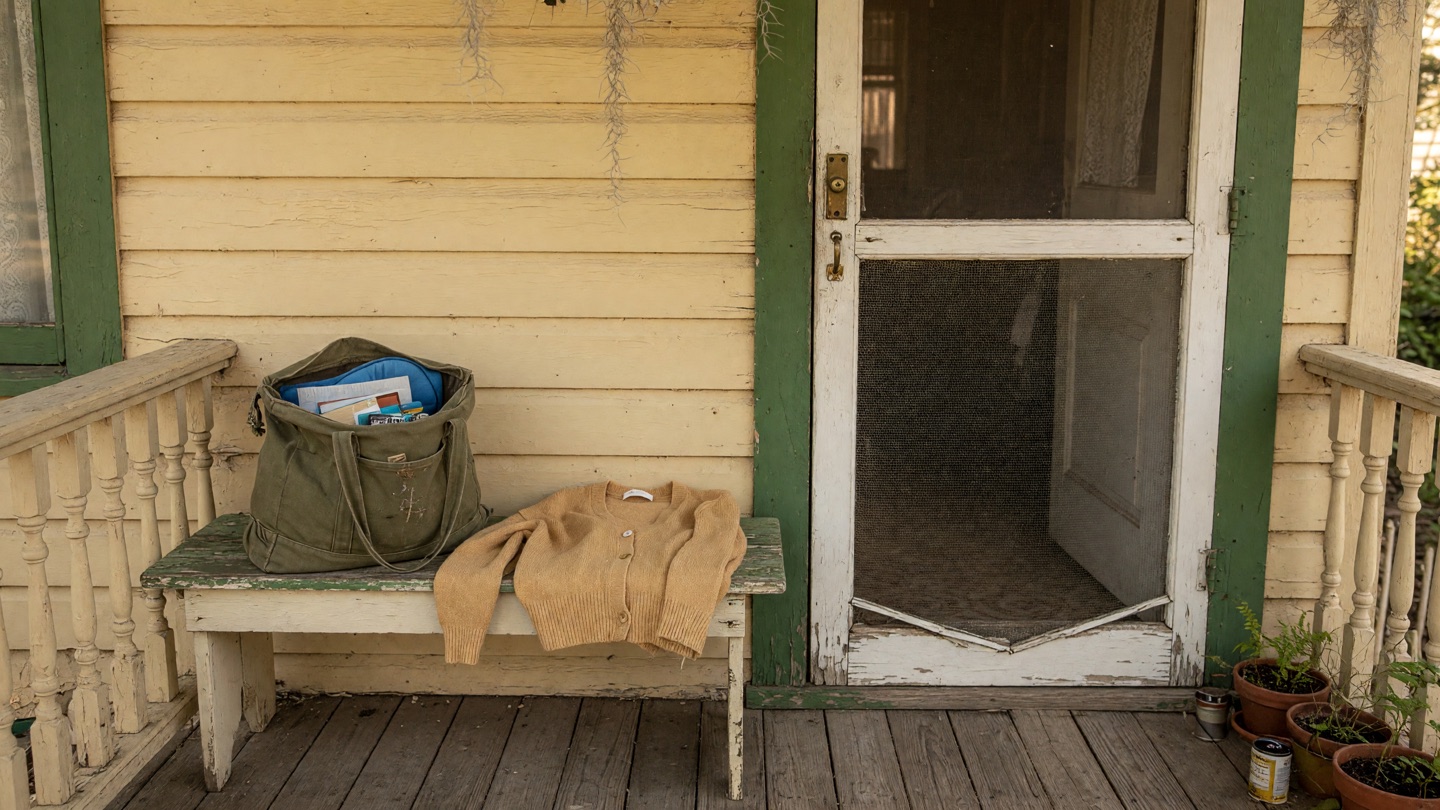 A Louisiana front-porch and screen door with a caregiver's canvas bag and a folded cardigan on a bench by the door.