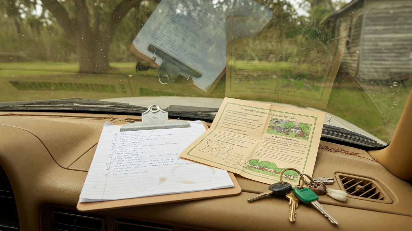 A clipboard with a handwritten checklist, a community brochure, and car keys on a car dashboard.