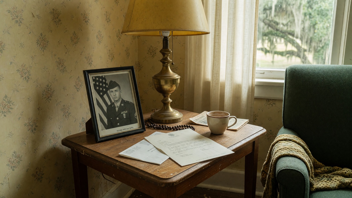 A framed black-and-white military service photo and a plain benefits letter on a side table by a lamp.