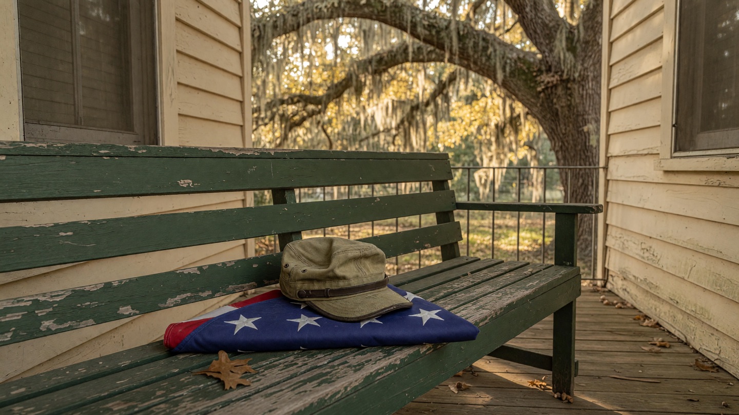 A worn service cap resting on a folded flag on a porch bench, live-oak light behind.