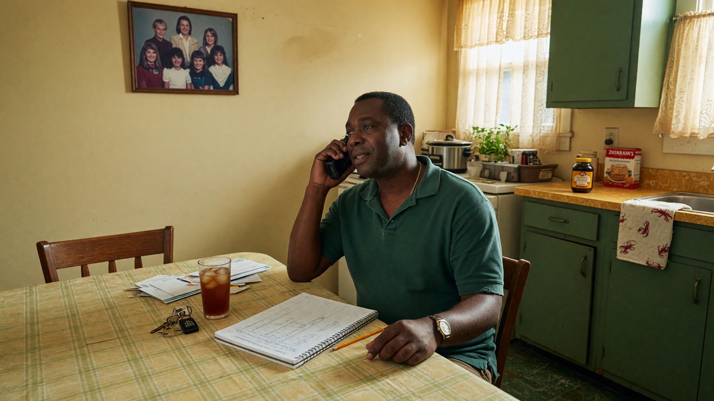 An adult son at a kitchen table, phone to his ear, a notepad in front of him, working a problem.