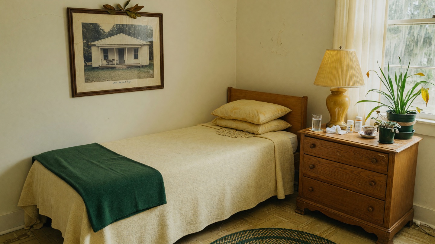 A tidy assisted-living apartment corner: a neatly made bed, a small dresser with a lamp, a potted plant, a framed picture.