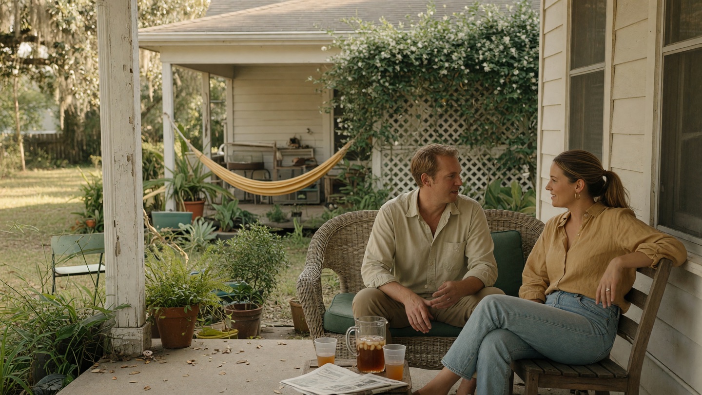 A brother and sister talking on a back patio or in a sunlit garden.