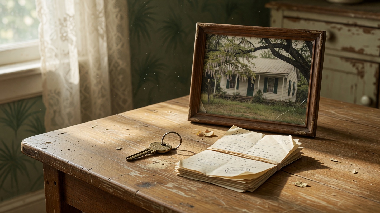 A single house key and a small stack of property papers on a table beside a modest framed photo of a Louisiana house.